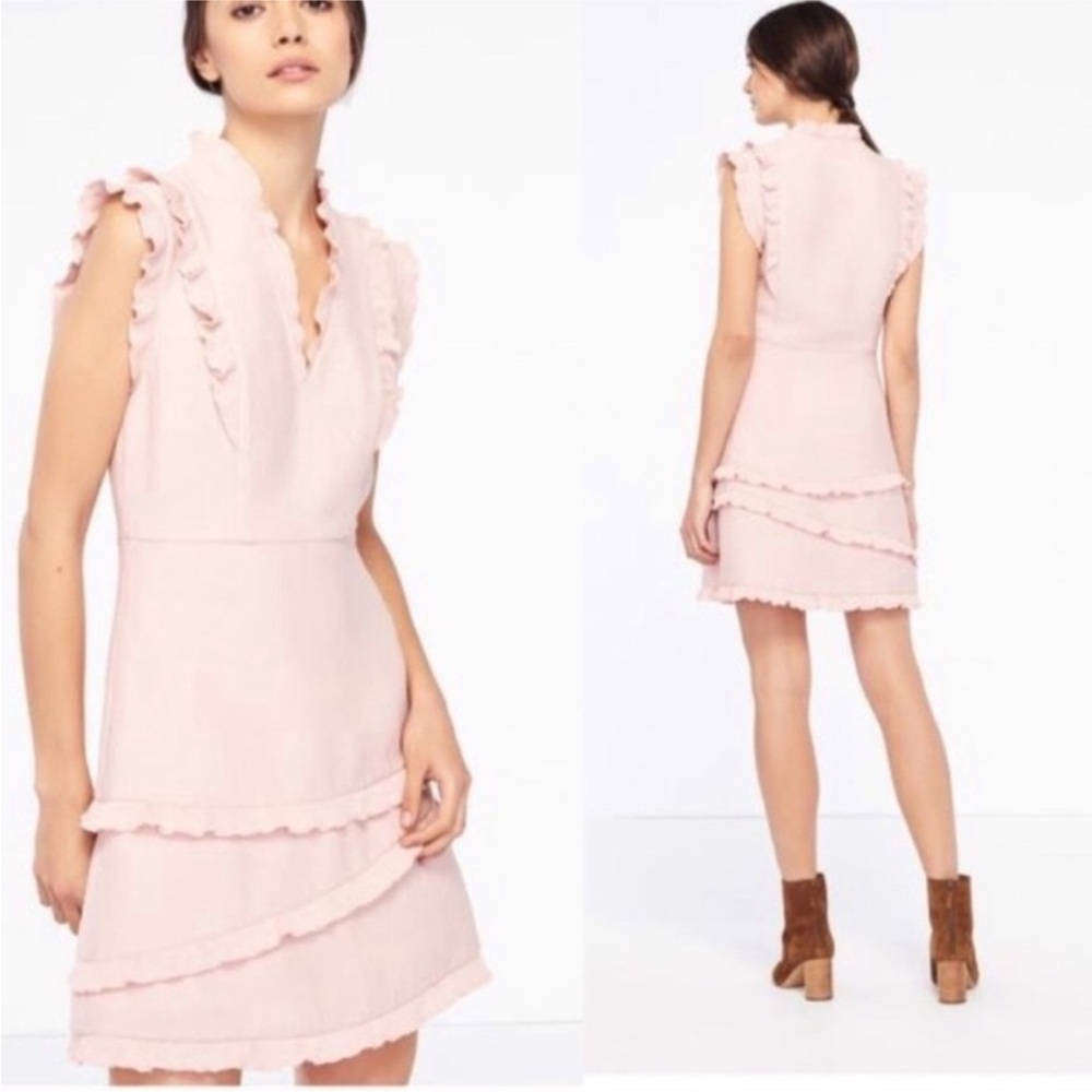 Sandro Pink Honeycomb V Neck Ruffle Mini Dress Sz 1 (2-4)